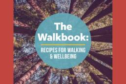 The Walkbook front cover of book with an image looking up into trees on a red background.