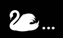 white swan on black background with three ellipsis full stops next to swan