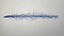Blue lines 'wobble' horizontally across the paper in this pen on paper drawing